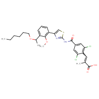 Chemical structure of 3-{2,6-dichloro-4-[(4-{3-[1-(hexyloxy)ethyl]-2-methoxyphenyl}-1,3-thiazol-2-yl)carbamoyl]phenyl}-2-methylprop-2-enoic acid - CSSB00159267756