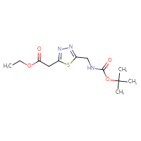 Chemical structure of ethyl 2-[5-({[(tert-butoxy)carbonyl]amino}methyl)-1,3,4-thiadiazol-2-yl]acetate - CSSB21381576865