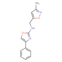 Chemical structure of N-[(3-methyl-1,2-oxazol-5-yl)methyl]-4-phenyl-1,3-oxazol-2-amine - CSSB15078685019