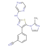 Chemical structure of 3-[5-(2-methyl-1H-imidazol-1-yl)-2-[(pyrazin-2-yl)amino]-1,3-thiazol-4-yl]benzonitrile - CSSB00134615711