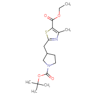 Chemical structure of ethyl 2-({1-[(tert-butoxy)carbonyl]pyrrolidin-3-yl}methyl)-4-methyl-1,3-thiazole-5-carboxylate - CSSB01402450850