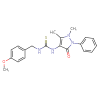 Chemical structure of 3-(1,5-dimethyl-3-oxo-2-phenyl-2,3-dihydro-1H-pyrazol-4-yl)-1-[(4-methoxyphenyl)methyl]thiourea - CSSB00106430539