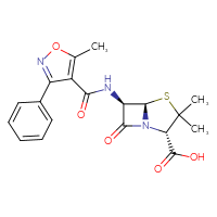 Chemical structure of (2S,5R,6R)-3,3-dimethyl-6-(5-methyl-3-phenyl-1,2-oxazole-4-amido)-7-oxo-4-thia-1-azabicyclo[3.2.0]heptane-2-carboxylic acid - CSSB00020617698