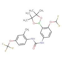 Chemical structure of 1-[4-(difluoromethoxy)-3-(4,4,5,5-tetramethyl-1,3,2-dioxaborolan-2-yl)phenyl]-3-[2-methyl-4-(trifluoromethoxy)phenyl]urea - CSSB21332092280