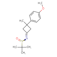 Chemical structure of (R)-N-[3-(4-methoxyphenyl)-3-methylcyclobutylidene]-2-methylpropane-2-sulfinamide - CSSB21331809709