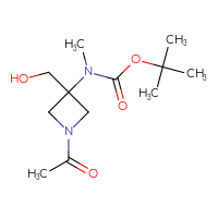 Chemical structure of tert-butyl N-[1-acetyl-3-(hydroxymethyl)azetidin-3-yl]-N-methylcarbamate - CSSB07139995534