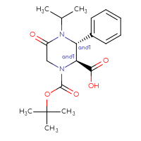 Chemical structure of rac-(2R,3S)-1-[(tert-butoxy)carbonyl]-5-oxo-3-phenyl-4-(propan-2-yl)piperazine-2-carboxylic acid - CSSB02226028751