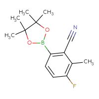 Chemical structure of 3-fluoro-2-methyl-6-(4,4,5,5-tetramethyl-1,3,2-dioxaborolan-2-yl)benzonitrile - CSSB02495338807