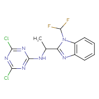 Chemical structure of 4,6-dichloro-N-{1-[1-(difluoromethyl)-1H-1,3-benzodiazol-2-yl]ethyl}-1,3,5-triazin-2-amine - CSSB21332145762