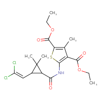 Chemical structure of 2,4-diethyl 5-[3-(2,2-dichloroethenyl)-2,2-dimethylcyclopropaneamido]-3-methylthiophene-2,4-dicarboxylate - CSSB00121712453