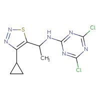 Chemical structure of 4,6-dichloro-N-[1-(4-cyclopropyl-1,2,3-thiadiazol-5-yl)ethyl]-1,3,5-triazin-2-amine - CSSB21332154585