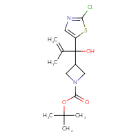 Chemical structure of tert-butyl 3-[1-(2-chloro-1,3-thiazol-5-yl)-1-hydroxy-2-methylprop-2-en-1-yl]azetidine-1-carboxylate - CSSB21246279197