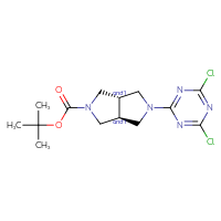 Chemical structure of rac-tert-butyl (3aR,6aR)-5-(4,6-dichloro-1,3,5-triazin-2-yl)-octahydropyrrolo[3,4-c]pyrrole-2-carboxylate - CSSB14845440378