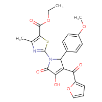 Chemical structure of ethyl 2-[3-(furan-2-carbonyl)-4-hydroxy-2-(4-methoxyphenyl)-5-oxo-2,5-dihydro-1H-pyrrol-1-yl]-4-methyl-1,3-thiazole-5-carboxylate - CSSB00026735654