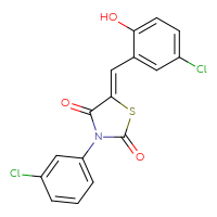 Chemical structure of (5Z)-5-[(5-chloro-2-hydroxyphenyl)methylidene]-3-(3-chlorophenyl)-1,3-thiazolidine-2,4-dione - CSSB00132687834
