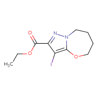 Chemical structure of ethyl 3-iodo-5H,6H,7H,8H-pyrazolo[3,2-b][1,3]oxazepine-2-carboxylate - CSSB14962694965