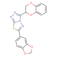 Chemical structure of 6-(2H-1,3-benzodioxol-5-yl)-3-(2,3-dihydro-1,4-benzodioxin-2-yl)-[1,2,4]triazolo[3,4-b][1,3,4]thiadiazole - CSSB00121637626