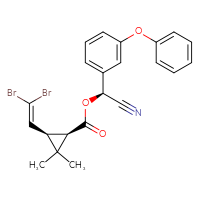 Chemical structure of (S)-cyano(3-phenoxyphenyl)methyl (1R,3R)-3-(2,2-dibromoethenyl)-2,2-dimethylcyclopropane-1-carboxylate (C22H19Br2NO3) - CSSB00020617364