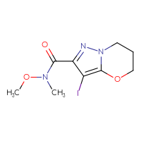 Chemical structure of 3-iodo-N-methoxy-N-methyl-5H,6H,7H-pyrazolo[3,2-b][1,3]oxazine-2-carboxamide - CSSB15027631324