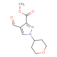 Chemical structure of methyl 4-formyl-1-(oxan-4-yl)-1H-pyrazole-3-carboxylate - CSSB21432473466