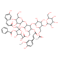 Chemical structure of 2-({6-[(acetyloxy)methyl]-4-({6-[(acetyloxy)methyl]-3,4-dihydroxy-5-{[3,4,5-trihydroxy-6-(hydroxymethyl)oxan-2-yl]oxy}oxan-2-yl}oxy)-5-{[3-(4-hydroxy-3-methoxyphenyl)prop-2-enoyl]oxy}-3-{[3,4,5-trihydroxy-6-(hydroxymethyl)oxan-2-yl]oxy}oxan-2-yl}oxy)-4-hydroxy-5-(hydroxymethyl)-2-({[3-(4-hydroxyphenyl)prop-2-enoyl]oxy}methyl)oxolan-3-yl benzoate - CSSB21103233953