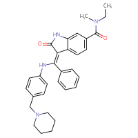 Chemical structure of (3Z)-N-ethyl-N-methyl-2-oxo-3-[phenyl({4-[(piperidin-1-yl)methyl]phenyl}amino)methylidene]-2,3-dihydro-1H-indole-6-carboxamide - CSSB00150710041