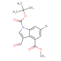 Chemical structure of 1-tert-butyl 4-methyl 6-bromo-3-formyl-1H-indole-1,4-dicarboxylate - CSSB21332163752