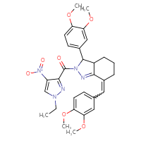 Chemical structure of 3-(3,4-dimethoxyphenyl)-7-[(3,4-dimethoxyphenyl)methylidene]-2-(1-ethyl-4-nitro-1H-pyrazole-3-carbonyl)-3,3a,4,5,6,7-hexahydro-2H-indazole - CSSB00121664695