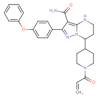 Chemical structure of 2-(4-phenoxyphenyl)-7-[1-(prop-2-enoyl)piperidin-4-yl]-4H,5H,6H,7H-pyrazolo[1,5-a]pyrimidine-3-carboxamide - CSSB00103150490