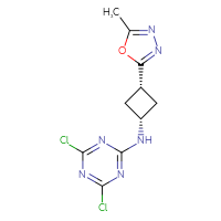 Chemical structure of 4,6-dichloro-N-[(1s,3s)-3-(5-methyl-1,3,4-oxadiazol-2-yl)cyclobutyl]-1,3,5-triazin-2-amine - CSSB20784888557