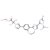 Chemical structure of ethyl 2-methyl-2-(4-{4-[3-methyl-1-(propan-2-yl)-1H-1,2,4-triazol-5-yl]-9-oxa-3,6-diazatricyclo[8.4.0.0²,⁶]tetradeca-1(14),2,4,10,12-pentaen-12-yl}-1H-pyrazol-1-yl)propanoate - CSSB00015192428