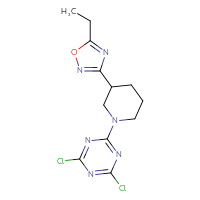 Chemical structure of 2,4-dichloro-6-[3-(5-ethyl-1,2,4-oxadiazol-3-yl)piperidin-1-yl]-1,3,5-triazine - CSSB21332060749