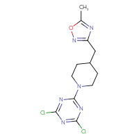 Chemical structure of 2,4-dichloro-6-{4-[(5-methyl-1,2,4-oxadiazol-3-yl)methyl]piperidin-1-yl}-1,3,5-triazine - CSSB21332070077