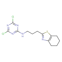 Chemical structure of 4,6-dichloro-N-[3-(4,5,6,7-tetrahydro-1,3-benzothiazol-2-yl)propyl]-1,3,5-triazin-2-amine - CSSB21332174275