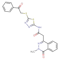 Chemical structure of 2-(3-methyl-4-oxo-3,4-dihydrophthalazin-1-yl)-N-{5-[(2-oxo-2-phenylethyl)sulfanyl]-1,3,4-thiadiazol-2-yl}acetamide - CSSB00121625235