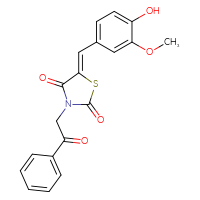 Chemical structure of (5Z)-5-[(4-hydroxy-3-methoxyphenyl)methylidene]-3-(2-oxo-2-phenylethyl)-1,3-thiazolidine-2,4-dione - CSSB02267491650