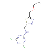Chemical structure of 4,6-dichloro-N-{[5-(ethoxymethyl)-1,3,4-thiadiazol-2-yl]methyl}-1,3,5-triazin-2-amine - CSSB21332067113