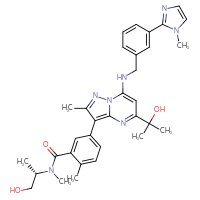 Chemical structure of 5-[5-(2-hydroxypropan-2-yl)-2-methyl-7-({[3-(1-methyl-1H-imidazol-2-yl)phenyl]methyl}amino)pyrazolo[1,5-a]pyrimidin-3-yl]-N-[(2S)-1-hydroxypropan-2-yl]-N,2-dimethylbenzamide - CSSB06741697626