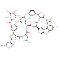 Chemical structure of (1R,2S,18R,19R,22S,25R,28R,40S)-22-(carbamoylmethyl)-47,49-dichloro-2,18,32,35,37-pentahydroxy-19-[(2S)-4-methyl-2-(methylamino)pentanamido]-20,23,26,42,44-pentaoxo-48-{[3,4,5-trihydroxy-6-(hydroxymethyl)oxan-2-yl]oxy}-7,13-dioxa-21,24,27,41,43-pentaazaoctacyclo[26.14.2.2³,⁶.2¹⁴,¹⁷.1⁸,¹².1²⁹,³³.0¹⁰,²⁵.0³⁴,³⁹]pentaconta-3,5,8(48),9,11,14,16,29,31,33(45),34,36,38,46,49-pentadecaene-40-carboxylic acid - CSSB03496540674