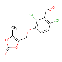 Chemical structure of 2,6-dichloro-3-[(5-methyl-2-oxo-2H-1,3-dioxol-4-yl)methoxy]benzaldehyde - CSSB21332840653