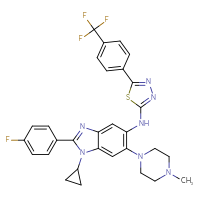 Chemical structure of 1-cyclopropyl-2-(4-fluorophenyl)-6-(4-methylpiperazin-1-yl)-N-{5-[4-(trifluoromethyl)phenyl]-1,3,4-thiadiazol-2-yl}-1H-1,3-benzodiazol-5-amine - CSSB14880530518