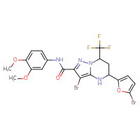 Chemical structure of 3-bromo-5-(5-bromofuran-2-yl)-N-(3,4-dimethoxyphenyl)-7-(trifluoromethyl)-4H,5H,6H,7H-pyrazolo[1,5-a]pyrimidine-2-carboxamide - CSSB00161103279
