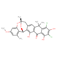 Chemical structure of (1R,17R)-8,10-dichloro-3,7,9-trihydroxy-21-methoxy-12,12,17,23-tetramethyl-18,25-dioxahexacyclo[15.7.1.0²,¹⁵.0⁴,¹³.0⁶,¹¹.0¹⁹,²⁴]pentacosa-2,4(13),6,8,10,14,19,21,23-nonaen-5-one - CSSB06744481860