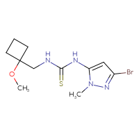 Chemical structure of 1-(3-bromo-1-methyl-1H-pyrazol-5-yl)-3-[(1-methoxycyclobutyl)methyl]thiourea - CSSB21432514006