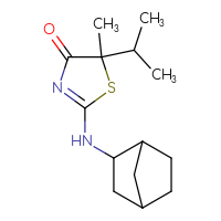 Chemical structure of 2-({bicyclo[2.2.1]heptan-2-yl}amino)-5-methyl-5-(propan-2-yl)-4,5-dihydro-1,3-thiazol-4-one - CSSB00160522247