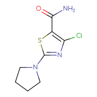 Chemical structure of 4-chloro-2-(pyrrolidin-1-yl)-1,3-thiazole-5-carboxamide - CSSB01991483238