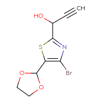 Chemical structure of 1-[4-bromo-5-(1,3-dioxolan-2-yl)-1,3-thiazol-2-yl]prop-2-yn-1-ol - CSSB21246429551