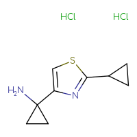 Chemical structure of 1-(2-cyclopropyl-1,3-thiazol-4-yl)cyclopropan-1-amine dihydrochloride - CSSB20270649281