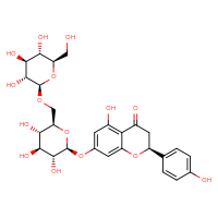 Chemical structure of (2S)-5-hydroxy-2-(4-hydroxyphenyl)-7-{[(2S,3R,4S,5S,6R)-3,4,5-trihydroxy-6-({[(2R,3R,4S,5S,6R)-3,4,5-trihydroxy-6-(hydroxymethyl)oxan-2-yl]oxy}methyl)oxan-2-yl]oxy}-3,4-dihydro-2H-1-benzopyran-4-one - CSSB06744556268