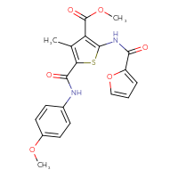 Chemical structure of methyl 2-(furan-2-amido)-5-[(4-methoxyphenyl)carbamoyl]-4-methylthiophene-3-carboxylate - CSSB00121669839